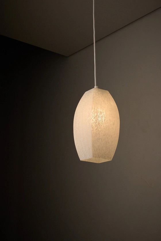 Ovoid Glass Pendant with Crackle Frosted Pattern, Europe, 1960s, Ceiling lights, Textile, White (photo 6 of 9)