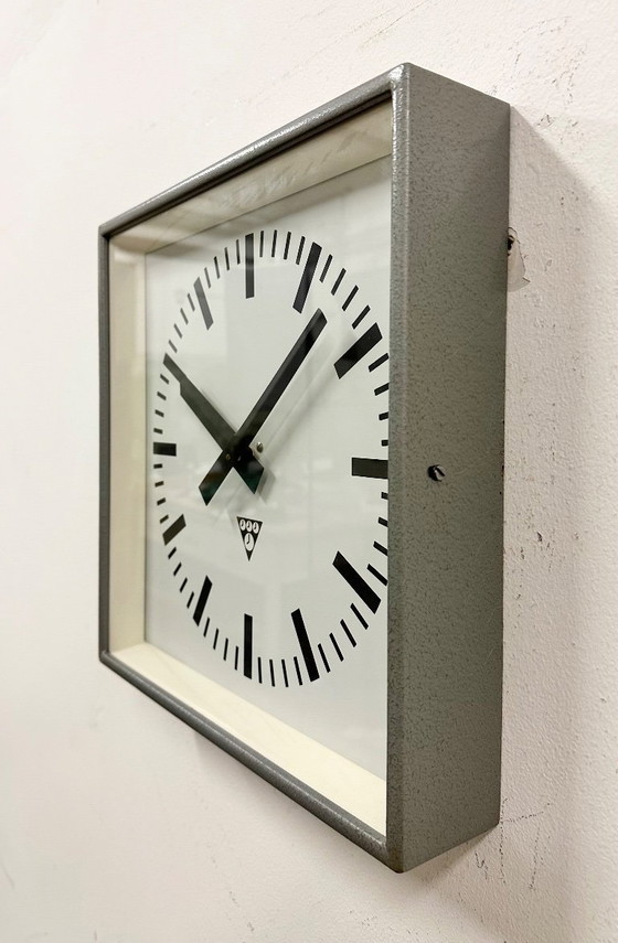 Image 1 of Grey Industrial Square Wall Clock from Pragotron, 1970s