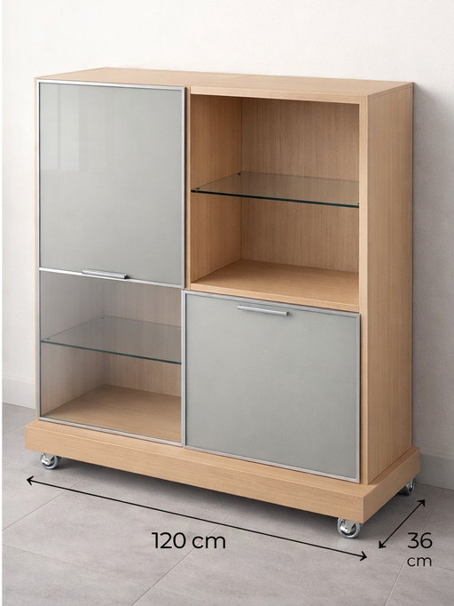 Mueble de almacenamiento de diseño moderno en madera y cristal – 120 cm – En perfecto estado