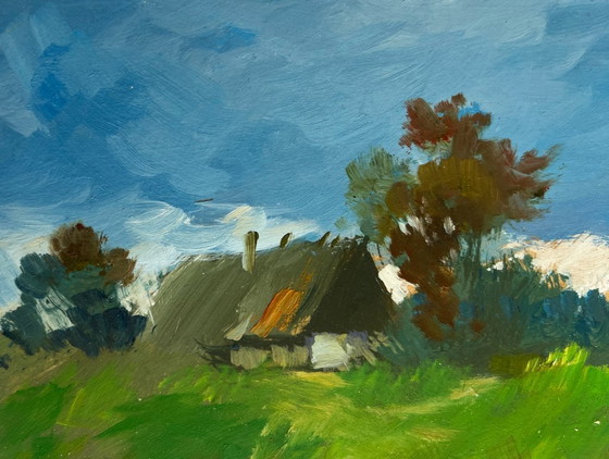 Image 1 of Original Oil Painting Summer House Landscape A lonely house by the river