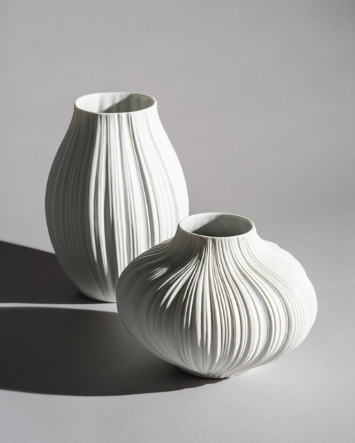 Martin Freyer pour Rosenthal « Plissée » Duo de vases en porcelaine biscuit, Allemagne 1968