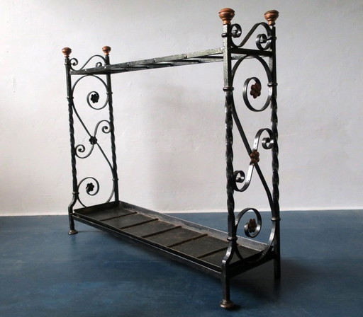 Porte-parapluie antique en fer forgé et laiton, années 1890