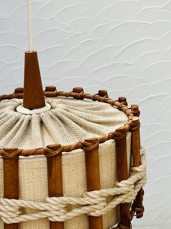 Image 1 of Scandinavian pendant light made of wood and jute canvas