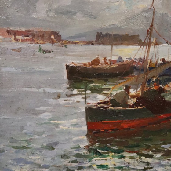 Image 1 of Gulf of Naples with Fishermen Signed R. Leone, Oil Painting on Board, Italy Early 20th Century