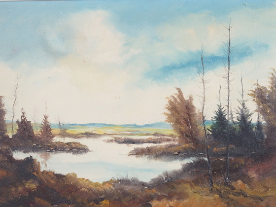 Image 1 of Tableau "L'étang d'automne", design scandinave, années 1970