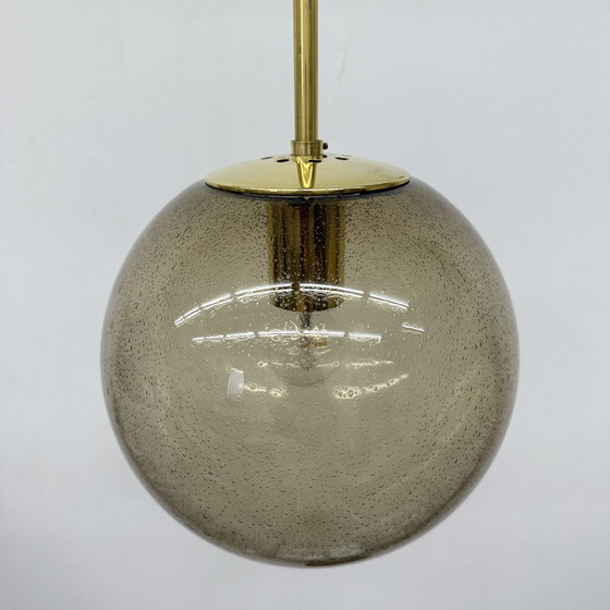 Image 1 of Limburg Glashütte Brass Smoked Glass Ball Pendant Hanging Lamp, 1970s