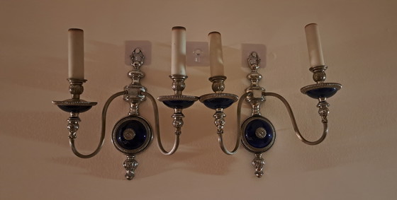 Image 1 of Französische Jugendstil-Wandlampen aus kobaltblauem Glas – 1940er, 2er Set