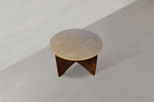 Couchtisch rotunda Travertin aus Naturstein und Massivholz Eiche