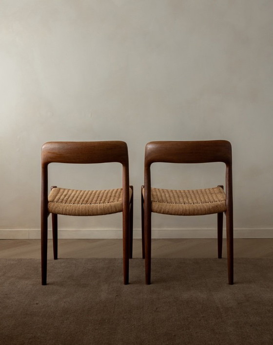 Image 1 of Vintage Danish Dining Chairs Model 75 by Niels Otto Møller for J.L. Møllers Møbelfabrik, Teak Paper Cord Chairs, 1950s, Set of 4