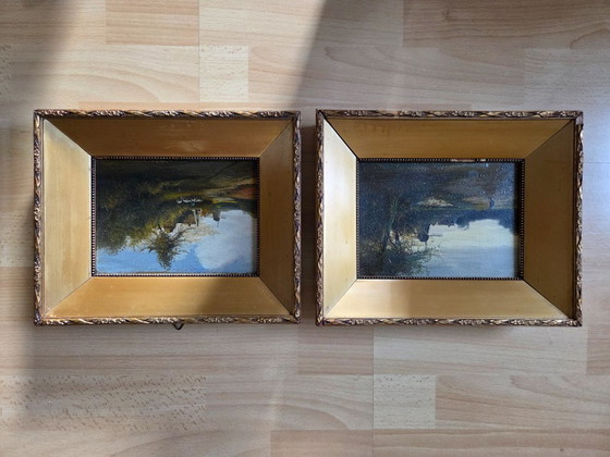 Zwei Landschaftsgemälde in goldenem Rahmen, Gemälde & Zeichnungen, Holz, Andere, Mehrfarbig, Klassiek (Foto 2 von 15)