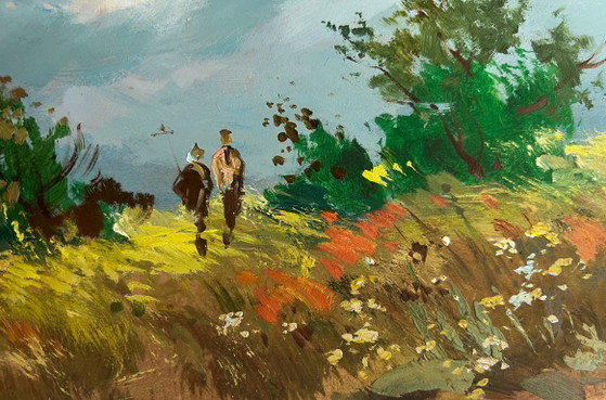 Image 1 of Dipinto ad olio originale, paesaggio estivo con campo fiorito e coppia in un campo di fiori.