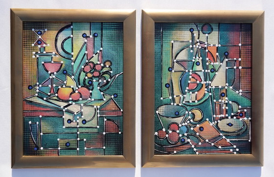 Image 1 of Kubisme A1438 - abstracte schilderijen - tweeluik