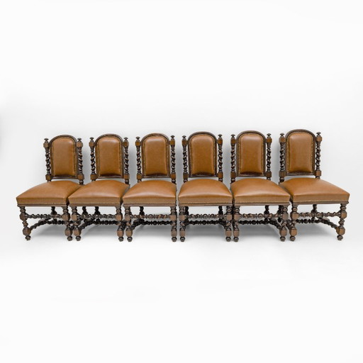 Six of Antique Italian Neo-Renaissance Walnut Dining Chairs in Genuine Leather.