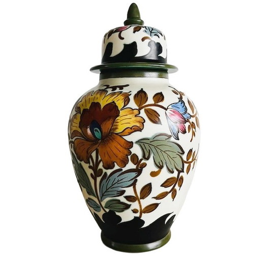 Mid-century Royal Gouda lidded vase South Holland lidded pot Verinique flowers 1950s