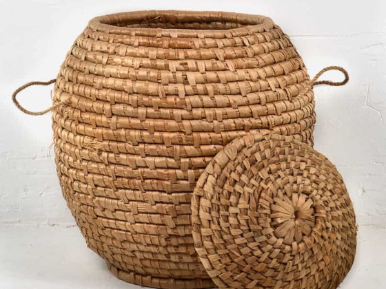 Rotan mand met antieke deksel (ca. 1930) – Decoratieve objecten, Wicker (photo 2 of 15)