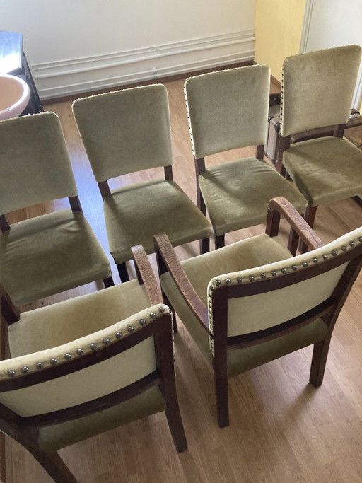 Zes eiken eetkamer stoelen met velours 