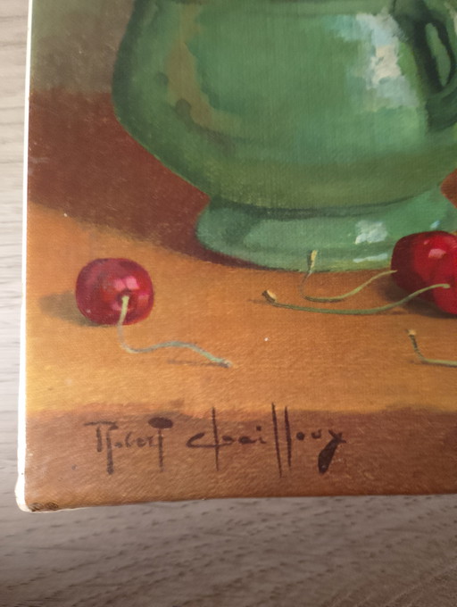 Olieverfschilderij op canvas, kunstwerk "Mand met kersen" van Robert Cailloux