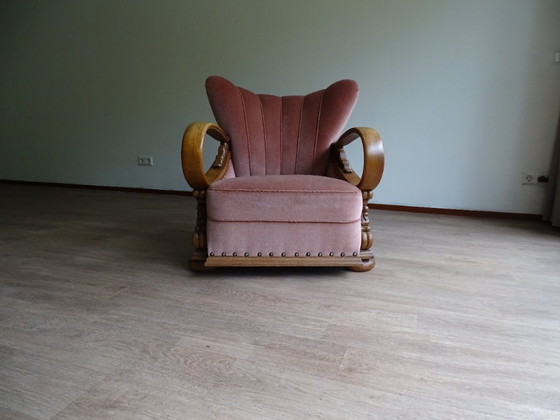 Image 1 of ⚠️ 2 sur 4 encore disponibles | Fauteuils club Art déco (env. 1920-1950) | Velours rose poudré | Chêne sculpté