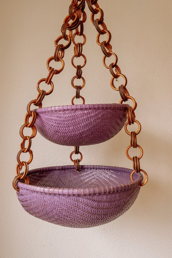 Image 1 of Vintage paarse hangmanden van rotan – jaren 70