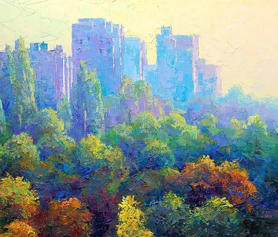 Dipinto a olio originale Paesaggio urbano Parco naturale Mattina in città – Dipinti e disegni, Canvas (photo 5 of 7)