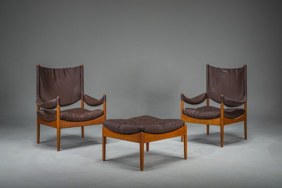 Image 1 of  Mid-Century Modern Danish Oak and Leather Lounge Chairs with Ottoman by Kristian Vedel for Søren Wiladsen, 1960s, Set of 3