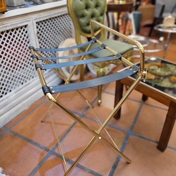 Image 1 of Portavaligie pieghevole per hotel, acciaio placcato oro e tessuto, anni '90 - Francia