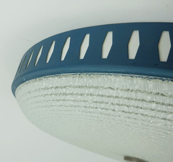 Image 1 of rare large mid century modern CEILING LIGHT by hillebrand 1960s flush mount textured glass blue metal frame