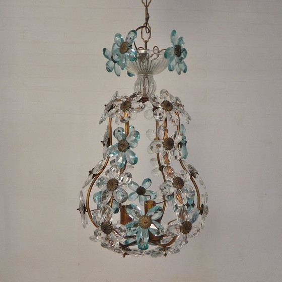 Image 1 of Hanglamp versierd met 42 bloemen in blauw en helder kristal, Maison Bagues stijl, jaren 30
