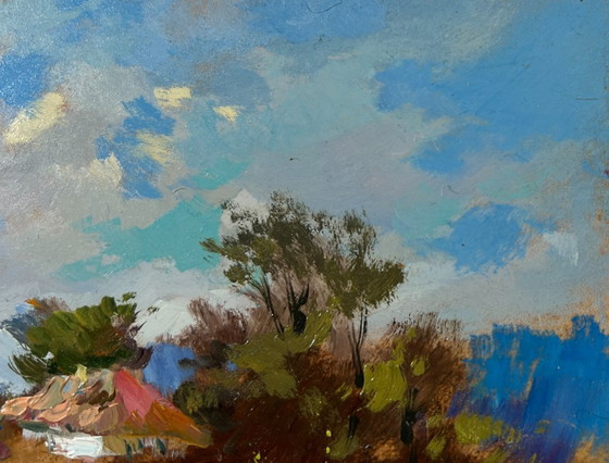 Image 1 of Original Oil Painting Summer House Landscape Village on a hill