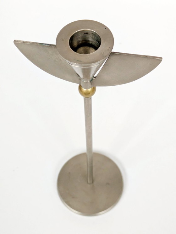 Image 1 of Coppia di portacandele postmoderni anni '80 | Acciaio inossidabile e ottone con design ad ala