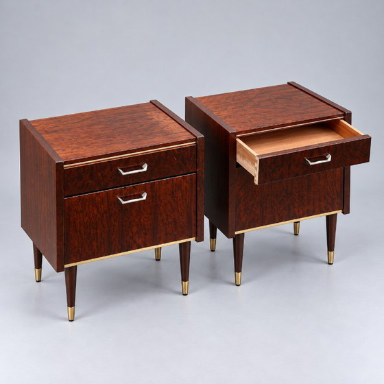 Set of 2 vintage design Nightstands with brass details, Wood, Brown (photo 4 of 8)