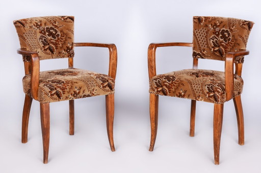 Set van twee originele art-deco fauteuils, van Jules Leleu, Beech, Frankrijk, jaren 1930. – Velvet, Wood