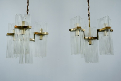 Coppia di lampadari in ottone e vetro di Gaetano Sciolari, Italia, anni '70