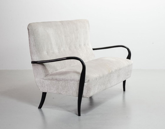 Image 1 of Distinguished Italian Mid-Century Design Guglielmo Ulrich Two Seat Sofa in Soft Silver Velvet Fabric. Italy, 1950s.