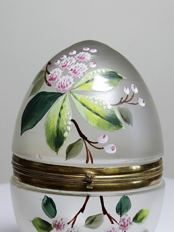 Image 1 of Boite oeuf verre givré émaillé et laiton ancien XIX-XXe