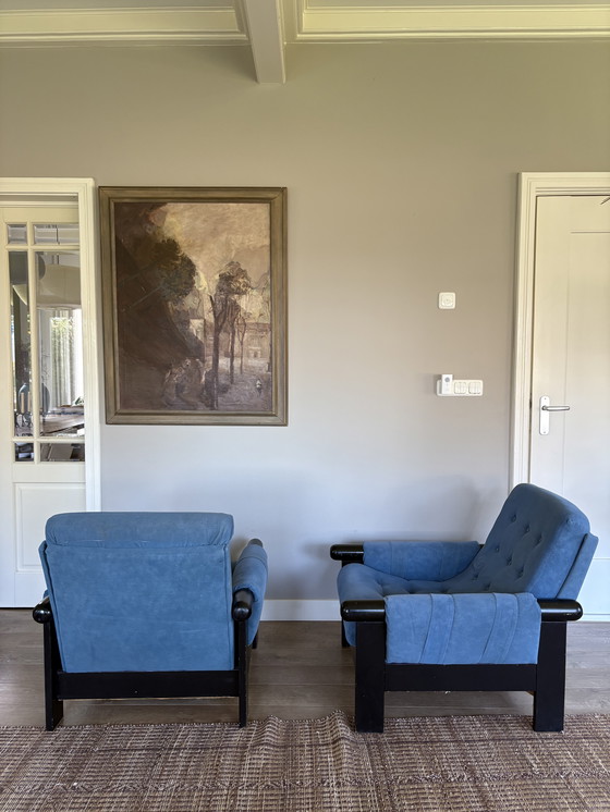 Image 1 of Vintage korenblauw set fauteuils jaren70 design