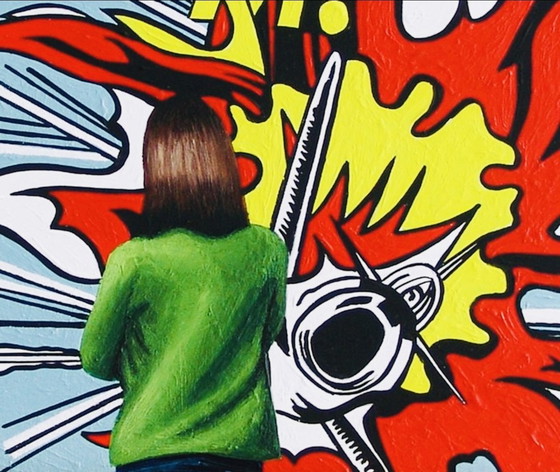 Image 1 of Gerard Boersma : Whaam ! (tableau représentant une femme admirant un tableau de Roy Lichtenstein). Pièce unique, encadrée, avec 