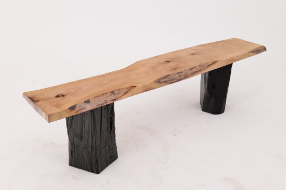Image 1 of Live Edge Solid Wood Bench with Charred Legs, Organic Modern by Logniture