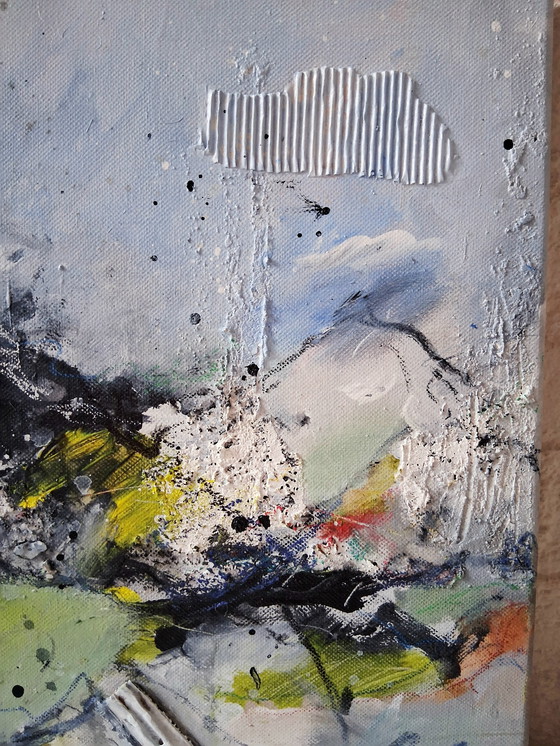 Image 1 of The Eye of the storm,gemengde techniek met veel structuur en collage,gemaakt in acryl,inkt,houtskool,pastel en collage