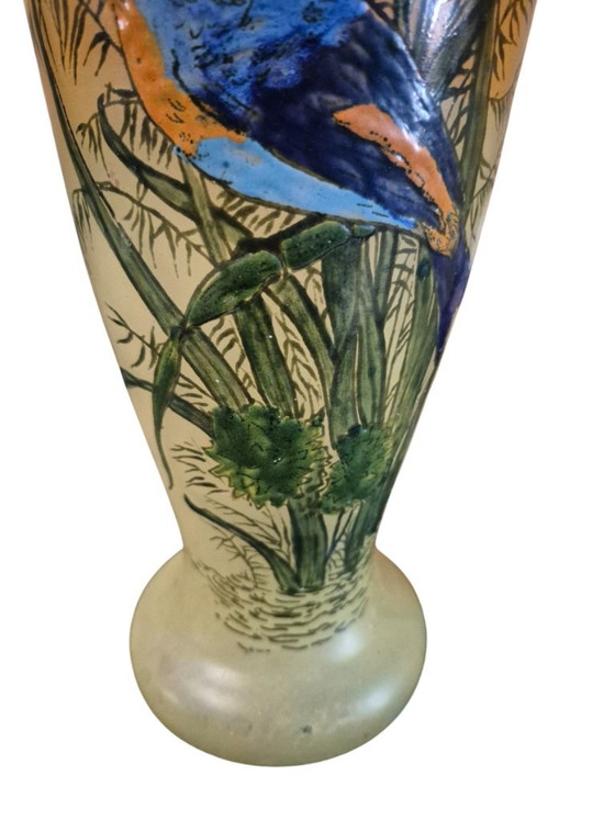 Pair of hand-painted Vases with bird motif, legras, Ceramic, Glass, Orange (photo 9 of 15)
