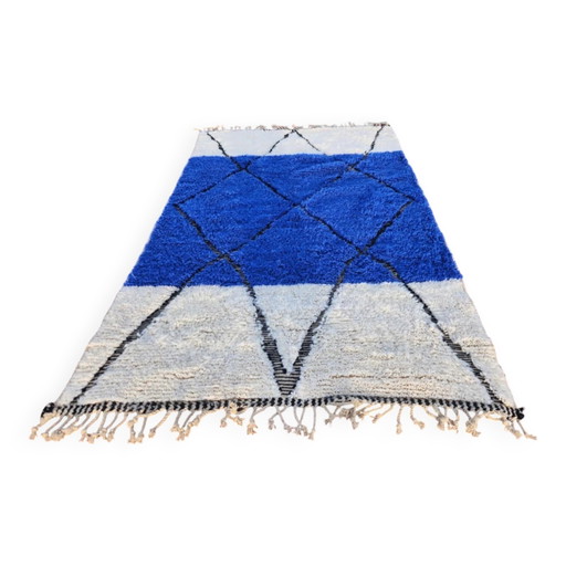 Kobalt- und ecrufarbener Beni Ouarain Teppich aus Wolle – 250 x 150 cm