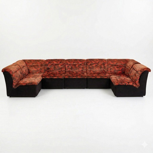 Modular Sofa Set (7 Pieces) — Velour Upholstery in Red-Orange Floral Patter