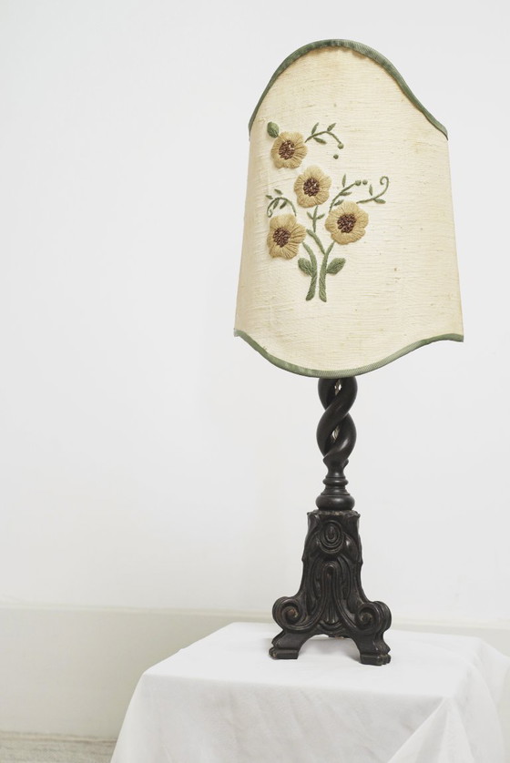 Image 1 of Vintage Carved Wood Barley Twist Lamp with Hand Embroidered Floral Shade and Acanthus Leaf Tripod Feet