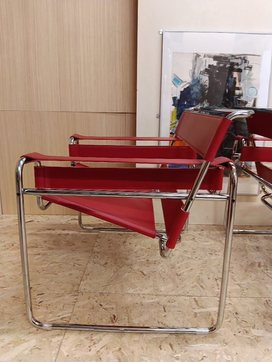 Image 1 of KNOLL Studio Set van 2 WASSILY B3 fauteuils (NIEUW) in rood leer