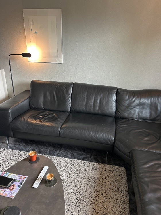 Image 1 of Black leather Topform lounge corner sofa