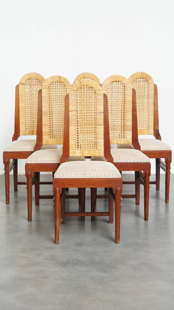 6x Vintage Art Deco design eetkamerstoel van riet en hout met een afneembare stoffen zitting (photo 2 of 17)