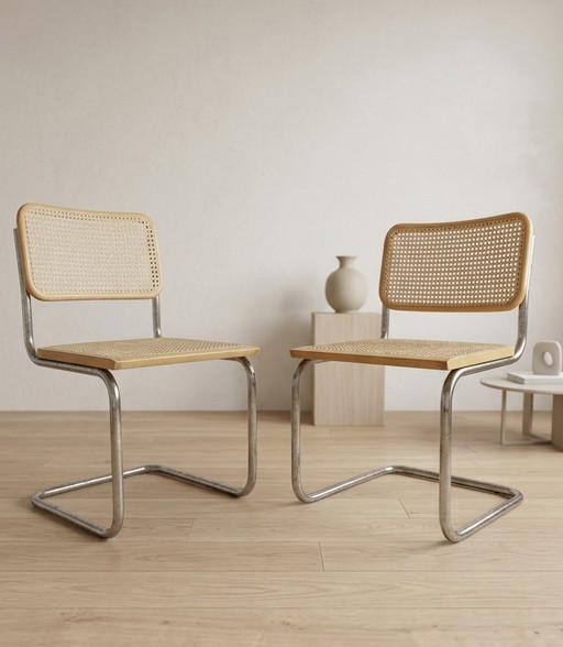 Pair of Cesca Chairs, Bauhaus Chrome & Rattan Dining Chairs by Marcel Breuer, Mid Century Modern, 20th Century