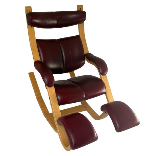 Peter Opsvik - Stokke - Gravity Balance (Design from 1991) Ergonomically Shaped Rocking Chair - Red Leather and Natural Frame