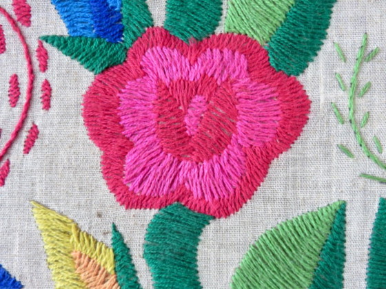 Image 1 of Large Mexican tapestry "otomi tenango", colorful flowers and birds, 1970