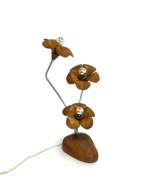 Teak and Chrome Flower Lamp, France, 1970s